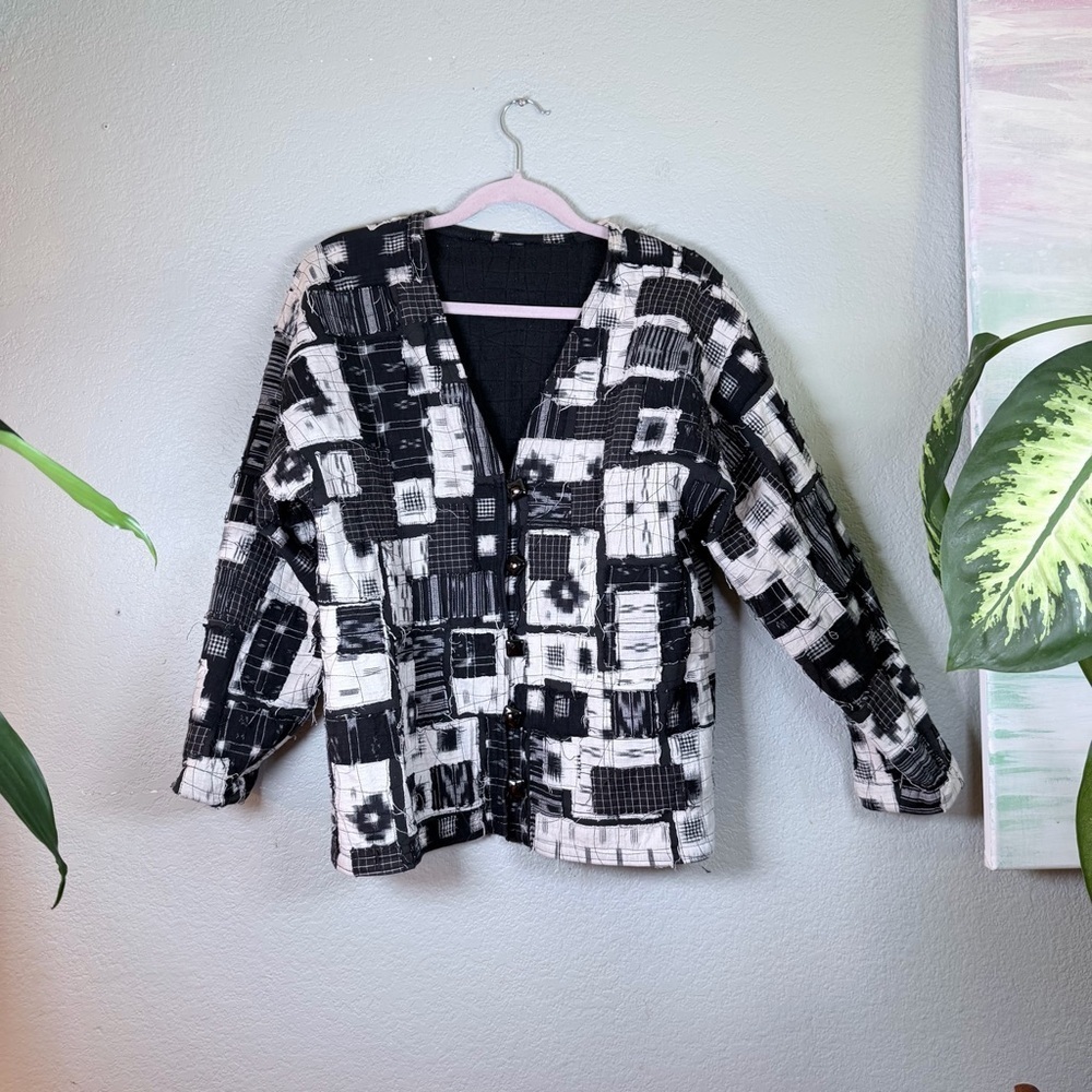 Handmade Quilted Black White Raw Edge Patchwork Artsy Button Down Chore Coat M